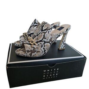 NIB Snakeskin Print Heeled Mules with Chain Detail